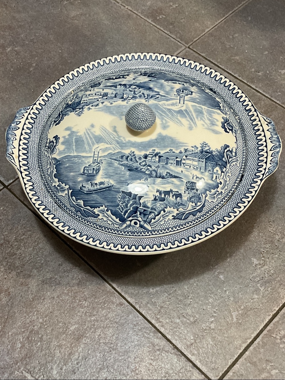 Blue and White Covered Serving Dish - Classic Scenic Transferware